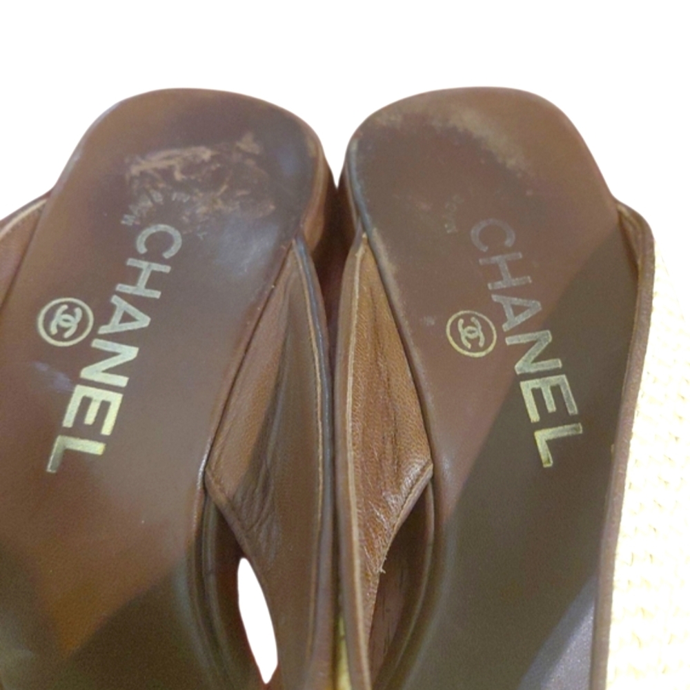 CHANEL Woven Straw And Brown Leather Thong Sandals Women's Size 6 - Picture 3 of 11